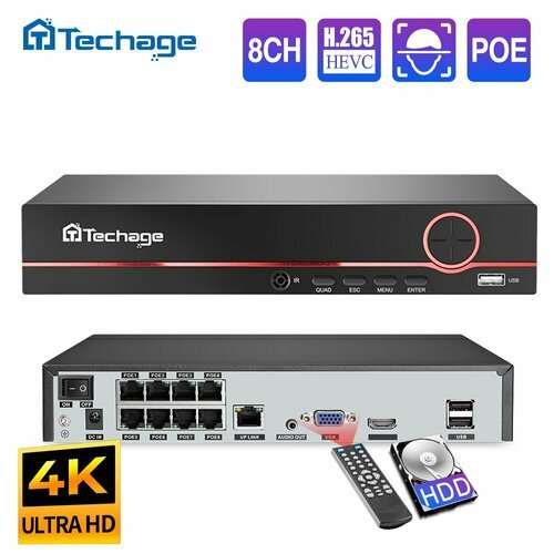 Techage Восемь каналов H.265 4K POE NVR Аудиовыход видеорегистратор для видеонаблюдения ip