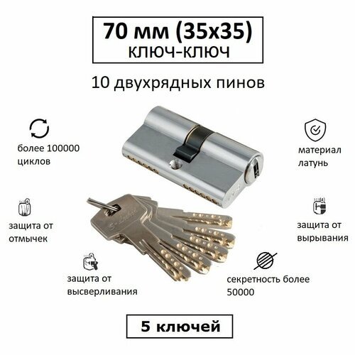 Личинка замка взломостойкая 70 (35х35) с перфоключами S-Locked 800L хром