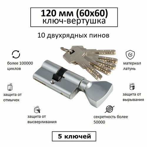 Личинка замка взломостойкая 120 (60х60) с вертушкой S-Locked 800L хром