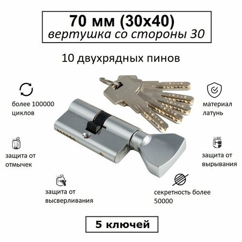 Личинка замка взломостойкая 70 (30х40) с вертушкой со стороны 30 S-Locked 800L хром