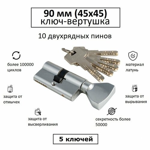 Личинка замка взломостойкая 90 (45х45) с вертушкой S-Locked 800L хром