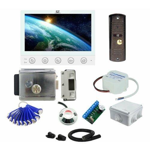 Комплект видеодомофона ST 7' белый с видеопанелью с электромеханическим замком считывателем и ключами TM, дома, магазина, на калитку №60