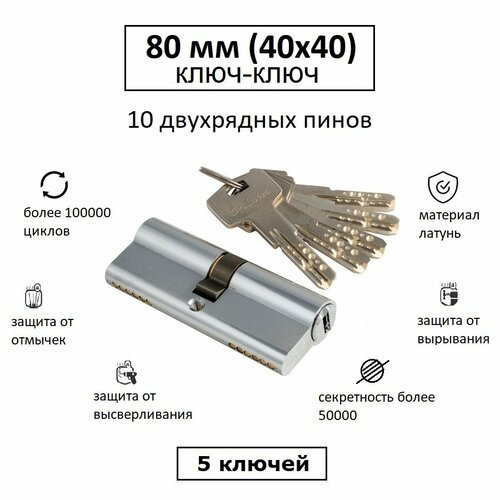 Личинка замка взломостойкая 80 (40х40) с перфоключами S-Locked 800L хром